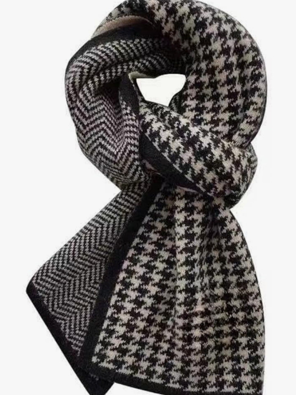 Black & White Houndstooth Scarf - Women's Classic Knit Wrap